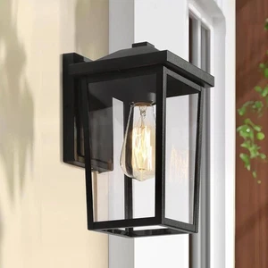 Textured Black 1-Light Modern Lantern Outdoor Sconce Clear Glass Shade Hardwired - Picture 1 of 11