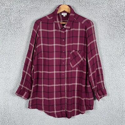 Avenue Top Mujeres 18 20 Burdeos Rojo Cuadros Túnica Manga Larga Botón Cuello Foto 1 de 4