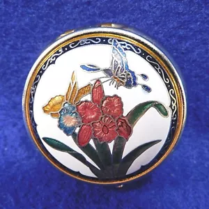 Vintage Cloisonne Pill Box Hinged Butterfly, Daffodil Flowers 2" - Picture 1 of 7