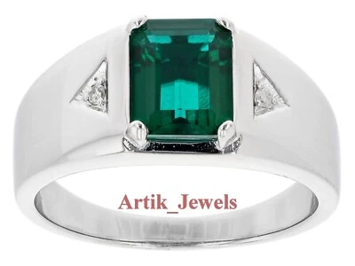 Labor Erstellt Smaragd Edelstein Mit 14K Weiß Vergoldet Silberring für Herren # - Bild 1 von 4