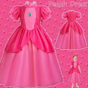 Girls Kids For Super Mario Princess Peach Fancy Dress Up Party Cosplay Costume - Picture 1 of 20