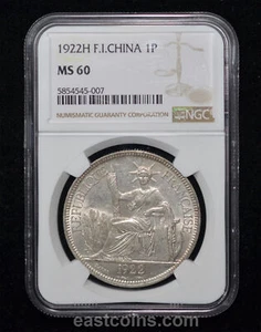 NGC MS60  1922-H French Indo-China -  French Colony Silver Piastre - Picture 1 of 4