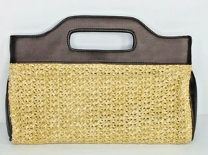 Ann Taylor Loft Clutch Brown Trim and Woven Straw Inlay Purse - Picture 1 of 5