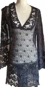 👠👙Baumwolle Polyester schwarz Spitze Langarm transparent Coverup Gr. L - Bild 1 von 7