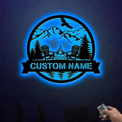 Arte de pared de metal personalizado para fogata con luces LED, letreros de nombre personalizados para cámper Foto 1 de 4