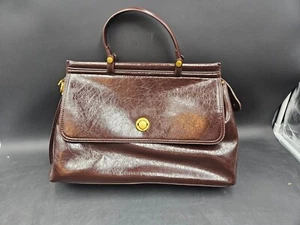 Vintage Puafeli Brown Leather Handbag With Gold Hardware & Top Handles - Picture 1 of 7