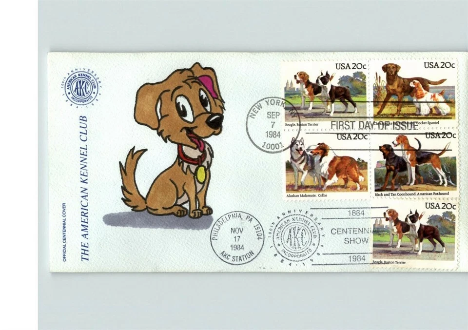 DOGS, Hand Painted Block of 4 First Day of Issue + AKC Show Dogs special cancel, - Image 1 of 1