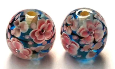 10 cuentas de vidrio de murano hechas a mano vidrio ciruela rosa sobre azul 14 mm Foto 1 de 4