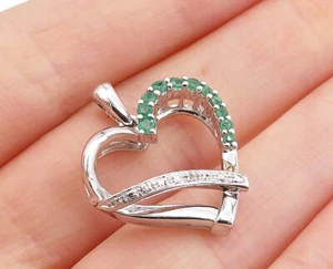 925 Sterling Silver Genuine Diamonds & Green Topaz Love Heart Pendant PT5716 - Picture 1 of 5