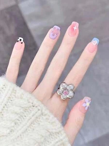 24pcs Short Square Blush French Floral Heart Pattern Fake Nail False Nails Press - Picture 1 of 6