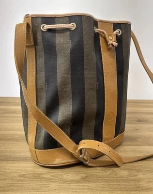 Authentic FENDI Vintage Pequin Hand Tote Bag PVC Leather Brown Black - Image 1 of 4