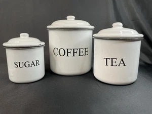 Weiß Emaillegeschirr Landhausstil Kaffee Tee Zucker verschachtelt Kanister Set - Bild 1 von 24
