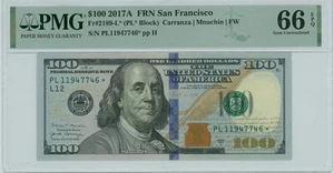 2017 $100 FEDERAL RESERVE *STAR* Fr#2189-L*-(SAN FRAN)-PMG 66-68-TOP POP 8 BLOCK - Picture 1 of 8