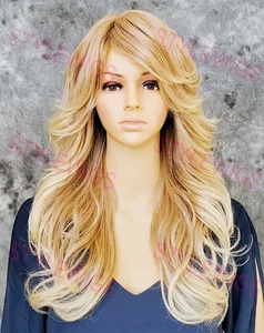 Light Blonde Ombre Long Wavy Curls Heat Safe Human Hair Blend Wig EVBK T27/613 - Picture 1 of 9