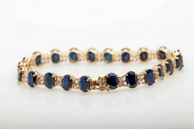 15Ct Oval Cut Lab Created Blue Sapphire Women’s Tennis Bracelet 14K Rose Gold FN - Imagem 1 de 4
