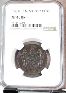 1887 BRITISH NORTH BORNEO 1 CENT MALAYSIAN WARRIORS NGC XF 40 BN - Picture 1 of 3