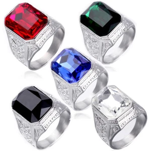 Mens Statement Ring Colorful Imitation Gemstone CZ Stainless Steel Silver - Picture 1 of 24