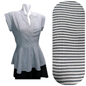 Monteau Blouse Top Women Large White Black Stripe Short Sleeve V Neck Peplum Hem - Picture 1 of 11