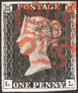 1840 AS23 SG2 1d BLACK PLATE 4 VERY FINE USED 4 MARGINS RED MALTESE CROSS (LL) - Picture 1 of 2