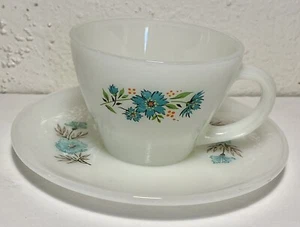 Vintage Fire King Oven Ware Bonnie Blue Carnation Flower Coffee Tea Cup Saucer - Picture 1 of 10