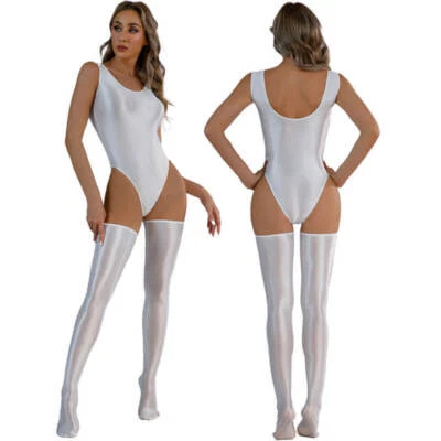 Para mujeres Brillante Satén Aspecto Húmedo Mameluco Body Camiseta sin mangas Mono Lencería Ropa de club nocturno Foto 1 de 4