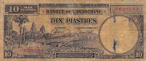 French I. C.  10  Piastres  ND. 1947  P 80  Series U  Circulated Banknotes TX11 - Picture 1 of 2
