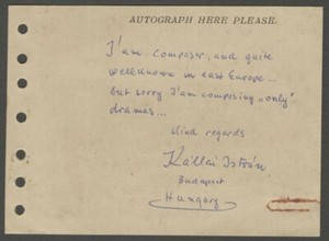 AOP 1966 signed card Hungarian Composer Kallai Istvan