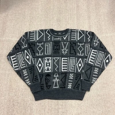 Vintage Sears Sweater Mens Medium Black 1980s Geometric Art - Image 1 of 4
