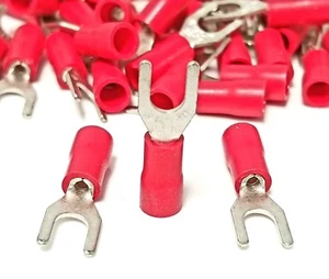 100 Spade Fork Terminal Connector VINYL Red 22-18 GA AWG Gauge #6 a Stud Speaker - Picture 1 of 1