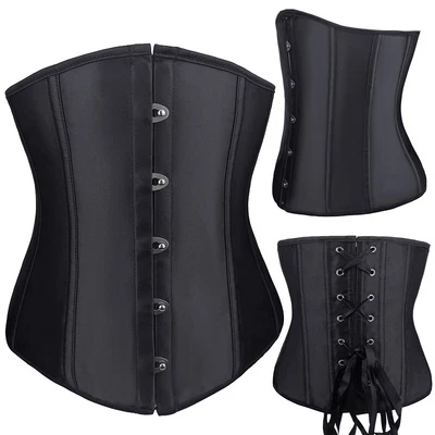 Satin Black Lace Up underbust Waist Training Cincher Soft Steel Boned Corset bl - Image 1 of 4