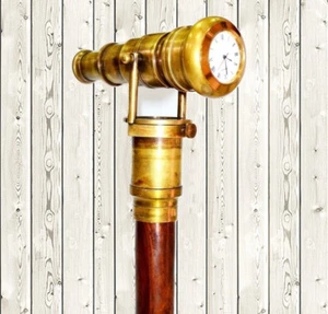 Bastón de madera vintage RELOJ EN LA PARTE SUPERIOR con telescopio de latón espía oculto - Imagen 1 de 6