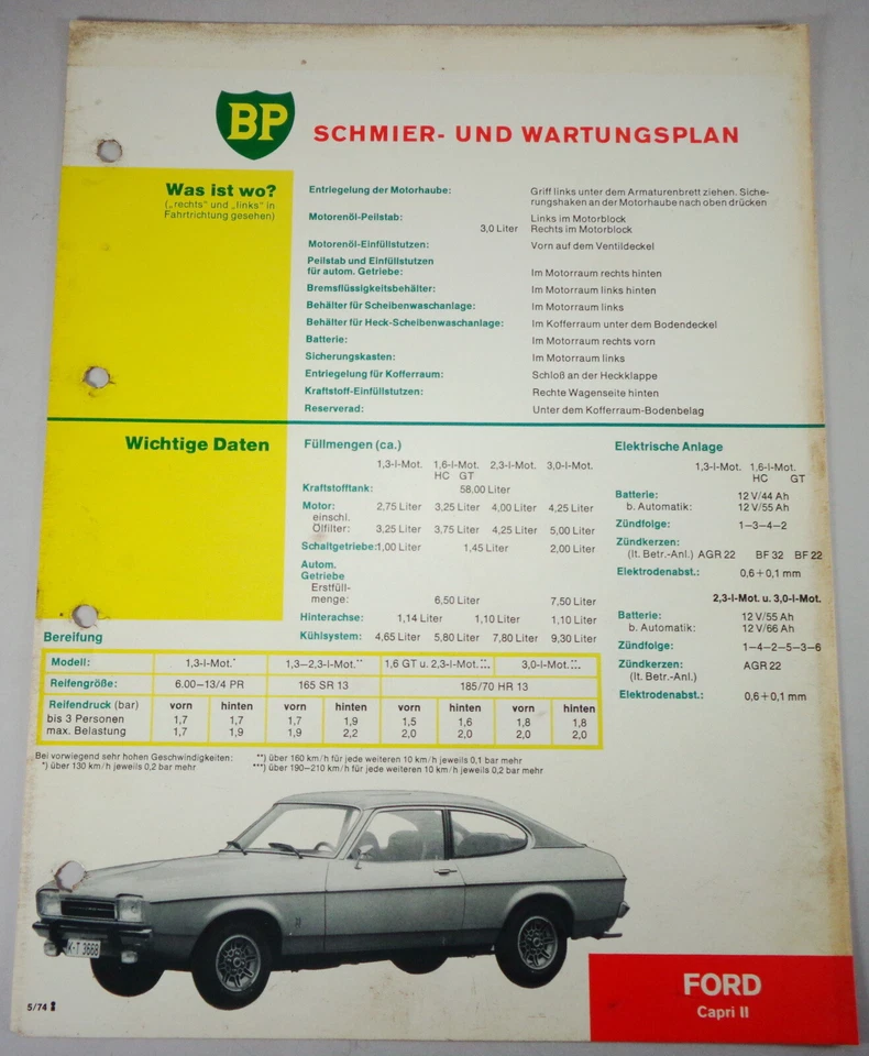 Plan De Mantenimiento Y Lubricación BP Para Ford Capri II 1974 - 1977 - Imagen 1 de 1