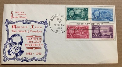 1945 Franklin Delano Roosevelt FDC Illustrated First Day Cover Cachet 4 Stamps - Image 1 of 4