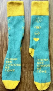 "Think See Choose Be Love" Teal Yellow Long Socks - Picture 1 of 1