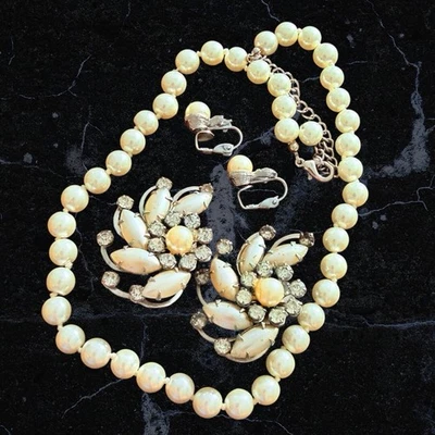 Vintage 1950's Emmons Faux Pearl Rhinestone Necklace & 2 Clip On Earrings - Image 1 of 4