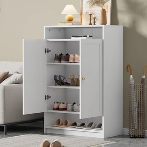 Schuhschrank weiß 2 Türen verstellbare Regale goldene Griffe B73/D34/H109 - Bild 1 von 12