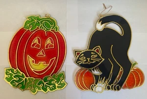 Halloween Jack O Linterna Gato Negro Plástico Grande Vitral Atrapasol Set 2 - Imagen 1 de 4