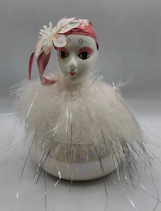 Porcelain Lady Head Trinket Box Pierrot Clown Lustre Glaze Feather Boa - Picture 1 of 7