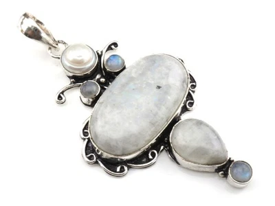 GJ69 MONDSTEIN &PERLE XL "VERSPIELT " EDELSTEIN 925 SILBER-ANHÄNGER +KETTE /LEDE - Bild 1 von 3