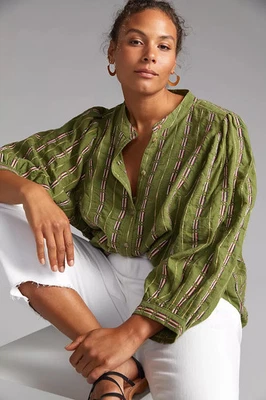 NEW Anthropologie Pilcro The Bella Femme Button Down Embroidered Shirt Green XL - Image 1 of 4