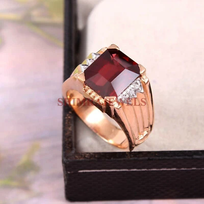 Мужское кольцо из стерлингового серебра 925 пробы с покрытием из розового золота натуральный гранат 207 - Изображение 1 из 4