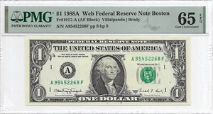 1988A $1 BOSTON WEB Banknote. PMG GEM Uncirculated 65 EPQ. A/F Block. 8/8 Run 15 - Picture 1 of 2