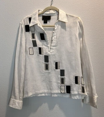 Diane Gilman Collection Classic Linen shirt Blouse Size S-M Patchwork  Designer - Изображение 1 из 4