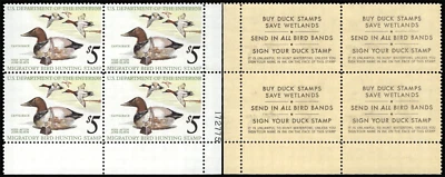 UNITED STATES 1975 Hunting Permit $5 Canvasbacks-Sc#RW42-Blk x4-MNH OG - Image 1 of 3