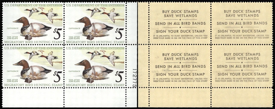UNITED STATES 1975 Hunting Permit $5 Canvasbacks-Sc#RW42-Blk x4-MNH OG - Image 1 of 3