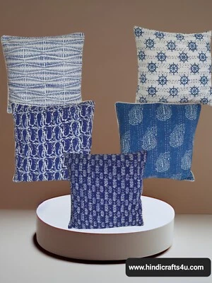 COTTON BLOCK PRINT KANTHA CUSHION COVER 16x16 Hand Stitched Blue SET F 5 - Image 1 of 4