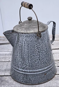 Antique 2 Gal Cowboy Coffee Boiler Grey Graniteware Kettle Handle Bail & Lid - Picture 1 of 10