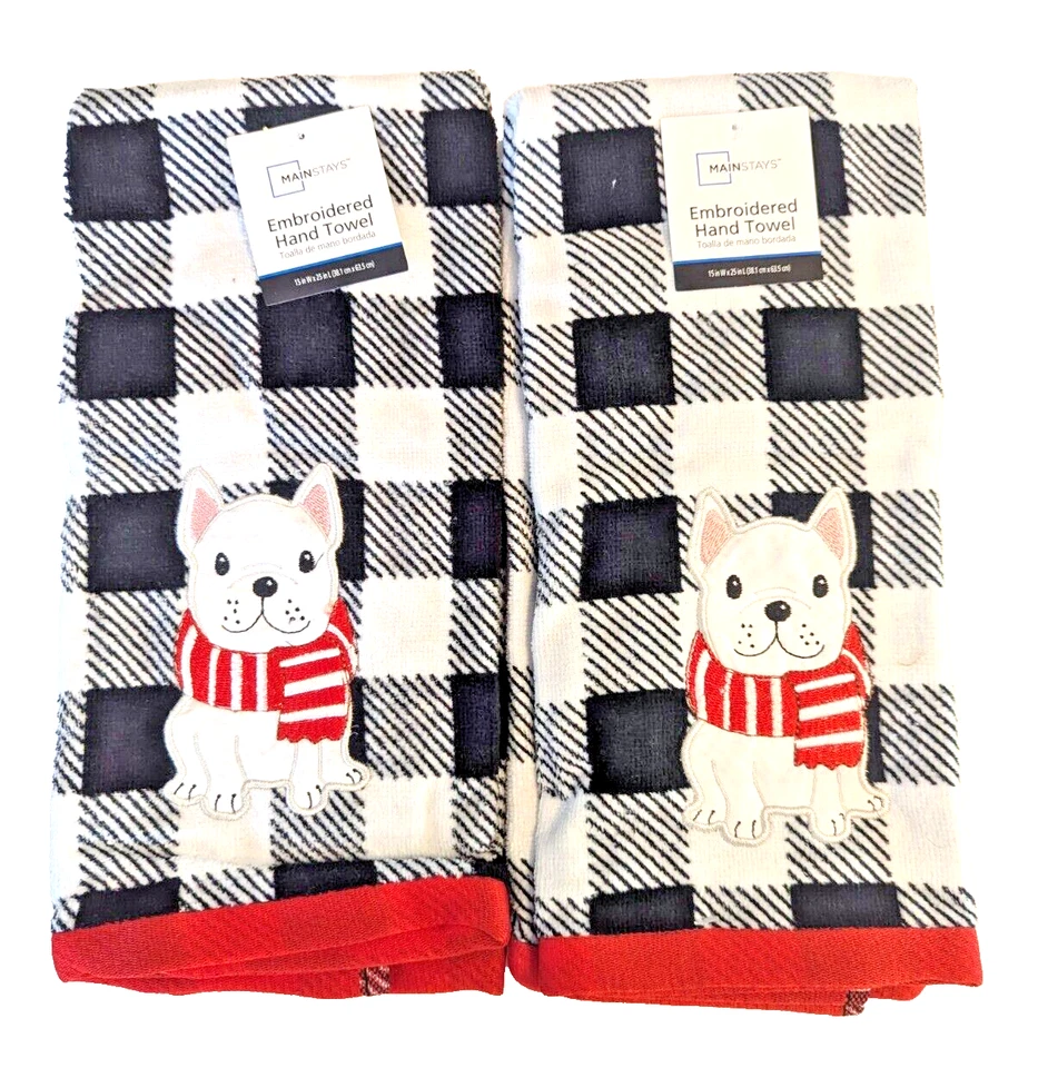 Toallas de mano blancas Bulldog inglés apliques bordados cuadros de búfalo regalo de 2 piezas Foto 1 de 4