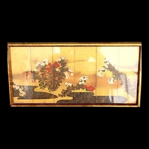 Vintage Japanese Gold Leaf Six Panel Byobu Folding Screen Tree in Bloom 15x8" - Picture 1 of 8