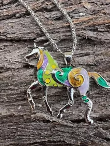 Women Gift Pendant Silver Design Enamel Horse Jewelry Necklace & Earrings set - Picture 1 of 3